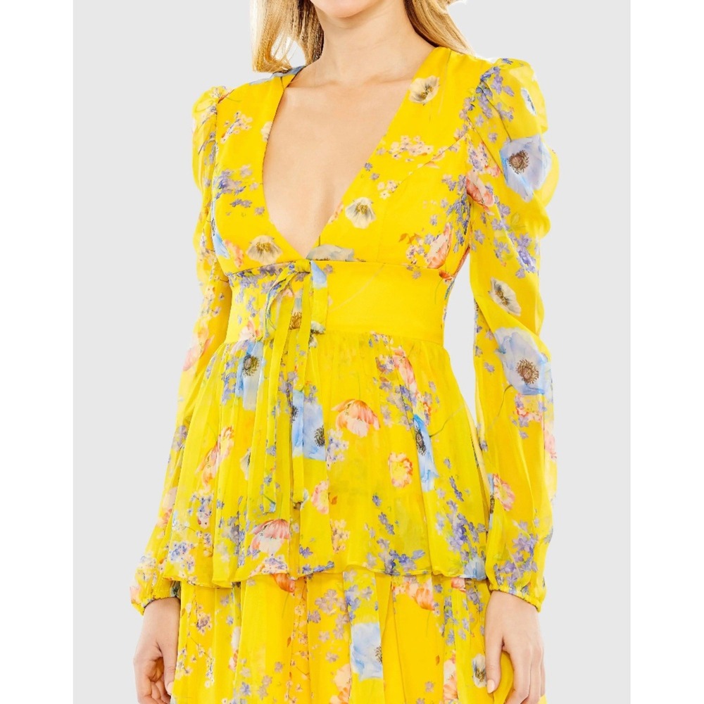 Mac Duggal 55838 Yellow‎ Floral Print Puff Sleeve Ruffled Mini Dress Size 2 NWT